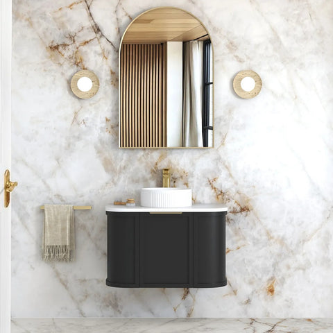 Otti Hampshire Wall Hung Curve Vanity 750mm Satin Black w/ Natural Carrara Marble Top BOH750BST-NCA