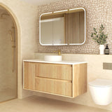Otti Byron Wall Hung Vanity Fluted 1200mm Woodland Oak w/ Cloudy Carrara Top BYW1200LSTUD-CA