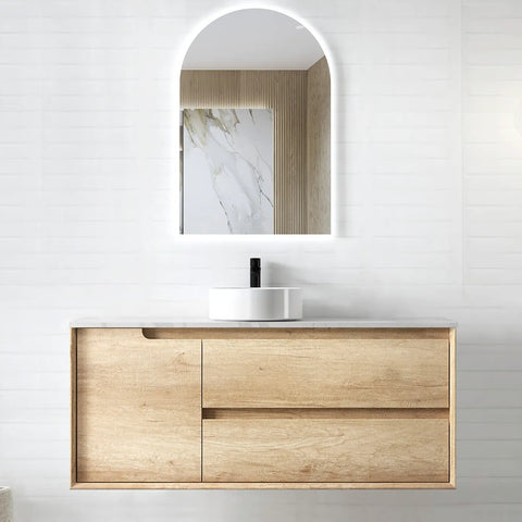 Otti Byron Wall Hung Vanity 1200mm (10 O'Clock Taphole) Natural Oak / Mont Blanc Top BY1200NST-CA-10TH