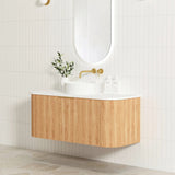 Otti Bondi Curve Wall Hung Vanity 1200mm Fluted Woodland Oak w/ Pure White Top BOW1200LST-PW