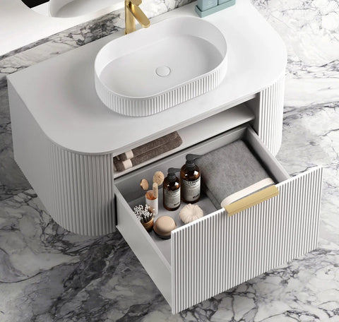 Otti Bondi Wall Hung Curve Vanity 1200mm Fluted Satin White w/ Natural Carrara Marble Top BO1200WST-NCA