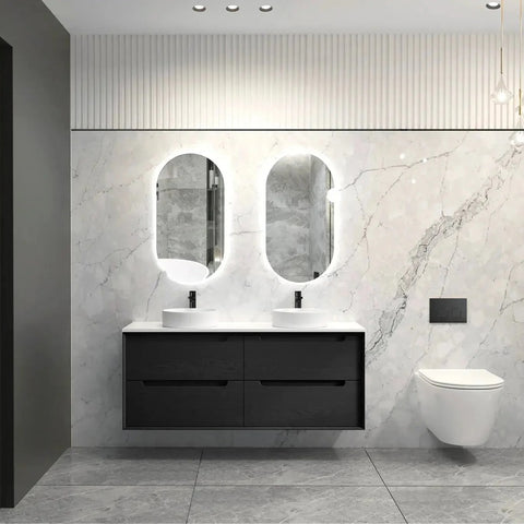 Otti Byron Wall Hung Vanity 1500mm (10 & 2 O'Clock Taphole) Black Oak / Mont Blanc 60mm Top BY1500BST-60CA-10TH