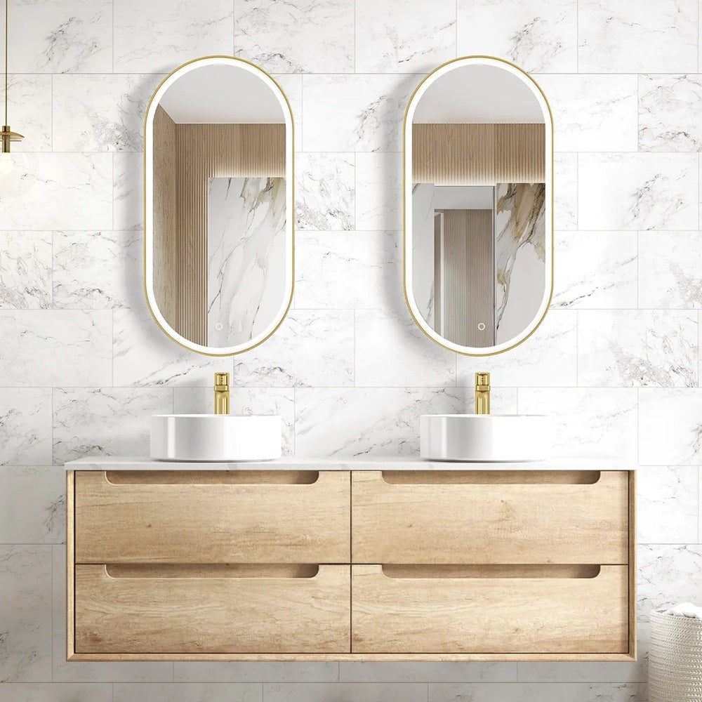 Otti Byron Wall Hung Vanity 1500mm (10 & 2 O'Clock Taphole) Natural Oak / Mont Blanc Top BY1500NST-CA-10TH