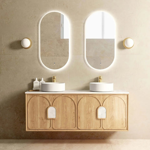 Otti Laguna Mk II Wall Hung Vanity 1500mm Natural Woodland Oak w/ Natural Carrara Marble Top LGM1500NSTUD-NCA
