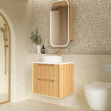 Otti Byron Wall Hung Vanity Fluted 600mm Woodland Oak w/ Matte White Top BYW600LSTUD-MW