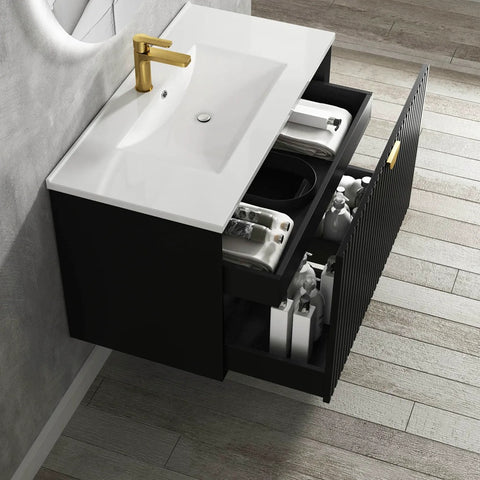 Otti Marlo Wall Hung Vanity 900mm Matte Black w/ Ceramic Top MA900BCT