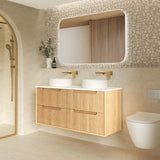 Otti Byron Fluted Wall Hung Vanity 1200mm Four Drawers Woodland Oak / Natural Carrara Marble Top BYW1200L-DSTUD-NCA