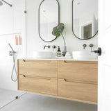 Otti Byron Wall Hung Vanity 1200mm Natural Oak w/ Pure White Top Double Bowl BY1200NSTUD-PW-D