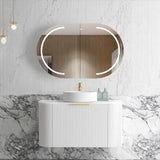 Otti Bondi Wall Hung Curve Vanity 900mm Fluted Satin White w/ Natural Carrara Marble Top BO900WST-NCA