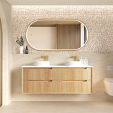 Otti Byron Wall Hung Vanity Fluted 1500mm Woodland Oak w/ Undermount Woodland Carrara Marble Top & Basin BYW1500LSTUD-NCA-UB