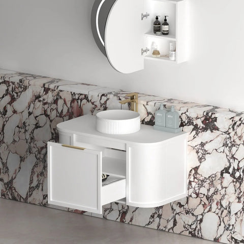 Otti Hampshire Curve Wall Hung Vanity 900mm Satin White / Sand Dune Top BOH900WST-SD
