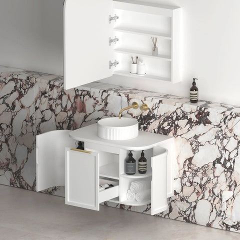 Otti Hampshire Wall Hung Curve Vanity 750mm Satin White w/ Pure White Top BOH750WST-PW