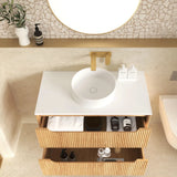 Otti Byron Wall Hung Vanity Fluted 750mm Woodland Oak w/ Pure White Top BYW750LSTUD-PW