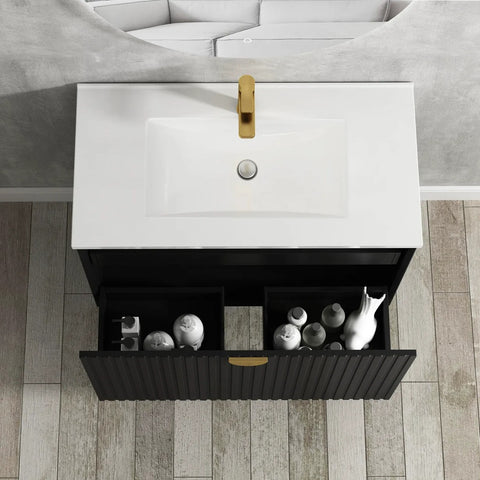 Otti Marlo Wall Hung Vanity 750mm Matte Black w/ Matte White Top MA750BSTUD-MW