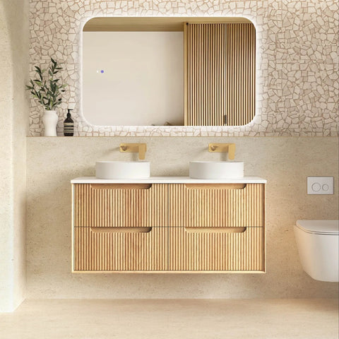 Otti Byron Fluted Wall Hung Vanity 1200mm Four Drawers w/ Undermount Basin Woodland Oak / Natural Carrara Marble Top BYW1200L-DSTUD-NCA-UB