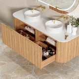 Otti Bondi Curve Wall Hung Vanity 1500mm Fluted Woodland Oak w/ Cloudy Carrara Top BOW1500LST-CA