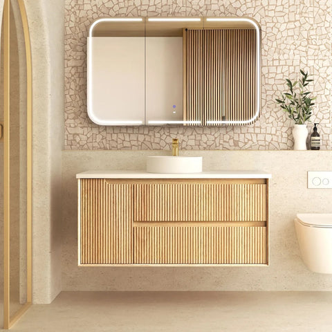 Otti Byron Wall Hung Vanity Fluted 1200mm Woodland Oak w/ Matte White Top BYW1200LSTUD-MW
