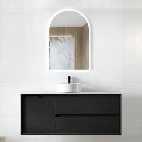Otti Byron Wall Hung Vanity 1200mm (10 O'Clock Taphole) Black Oak / Mont Blanc Top BY1200BST-CA-10TH