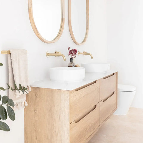 Otti Byron Wall Hung Vanity 1500mm Natural Oak w/ Pure White Top BY1500NSTUD-PW