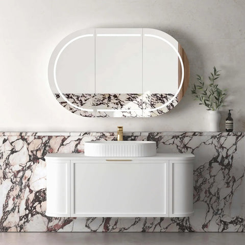 Otti Hampshire Wall Hung Curve Vanity 1200mm Satin White w/ Cloudy Carrara Top BOH1200WST-CA