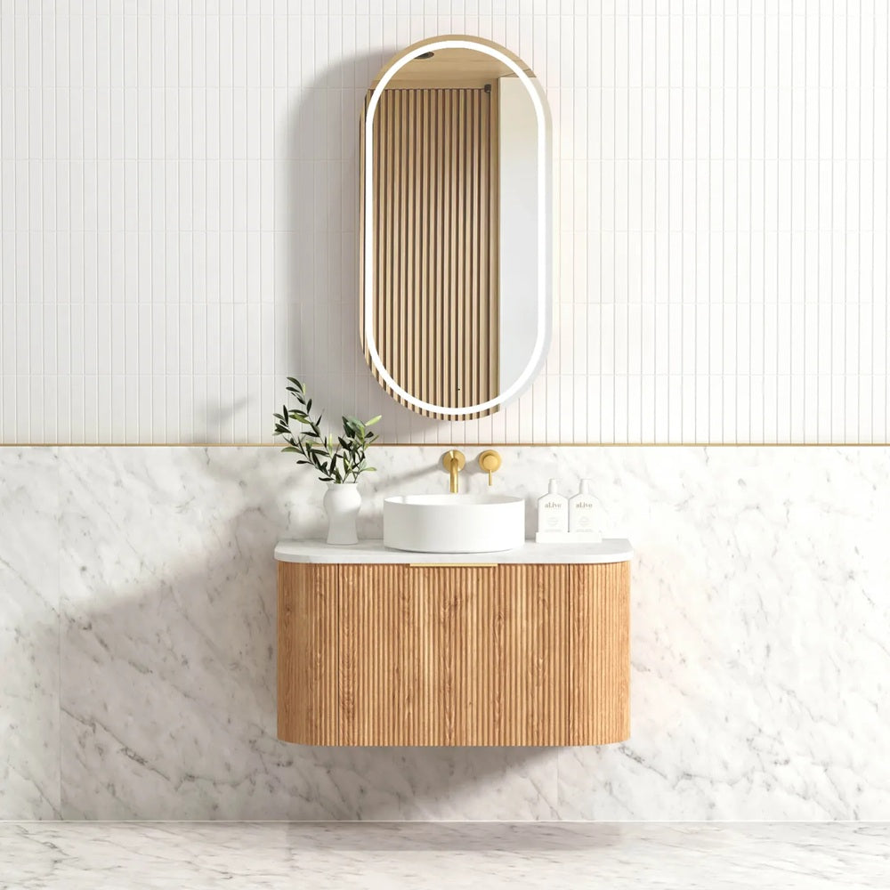 Otti Bondi Curve Wall Hung Vanity 900mm Fluted Woodland Oak w/ Cloudy Carrara Top BOW900LST-CA