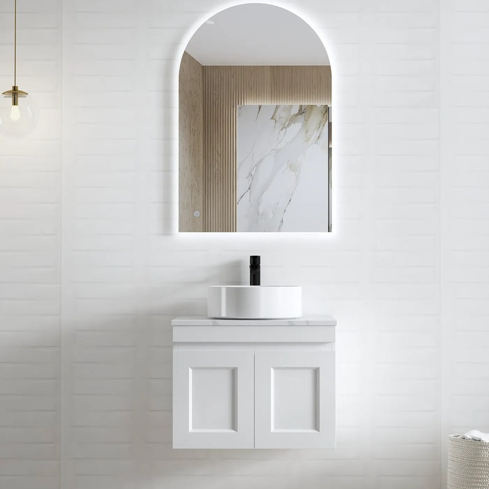 Otti Hampton Mark II Wall Hung Vanity 600mm Satin White w/ Pure White Top HPM600WSTUD-PW