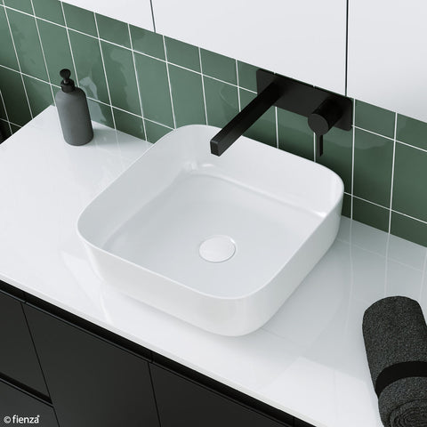 Fienza Petra Above Counter Basin (No taphole) 390x390mm w/ Pop Up Waste Gloss White RB196-PU