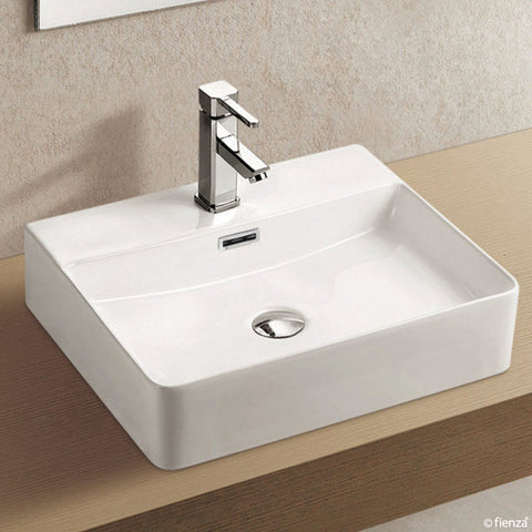 Fienza Petra Above Counter Basin w/ Overflow & Pop-up Waste (1 Taphole) 500x420mm Gloss White RB2173-PU