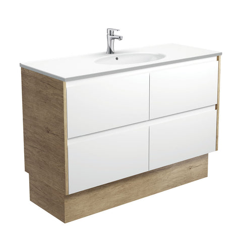 Fienza Rotondo Amato On Kickboard Vanity 1200mm (1 Taphole) Satin White w/ Scandi Oak Panels ROT120BWSK