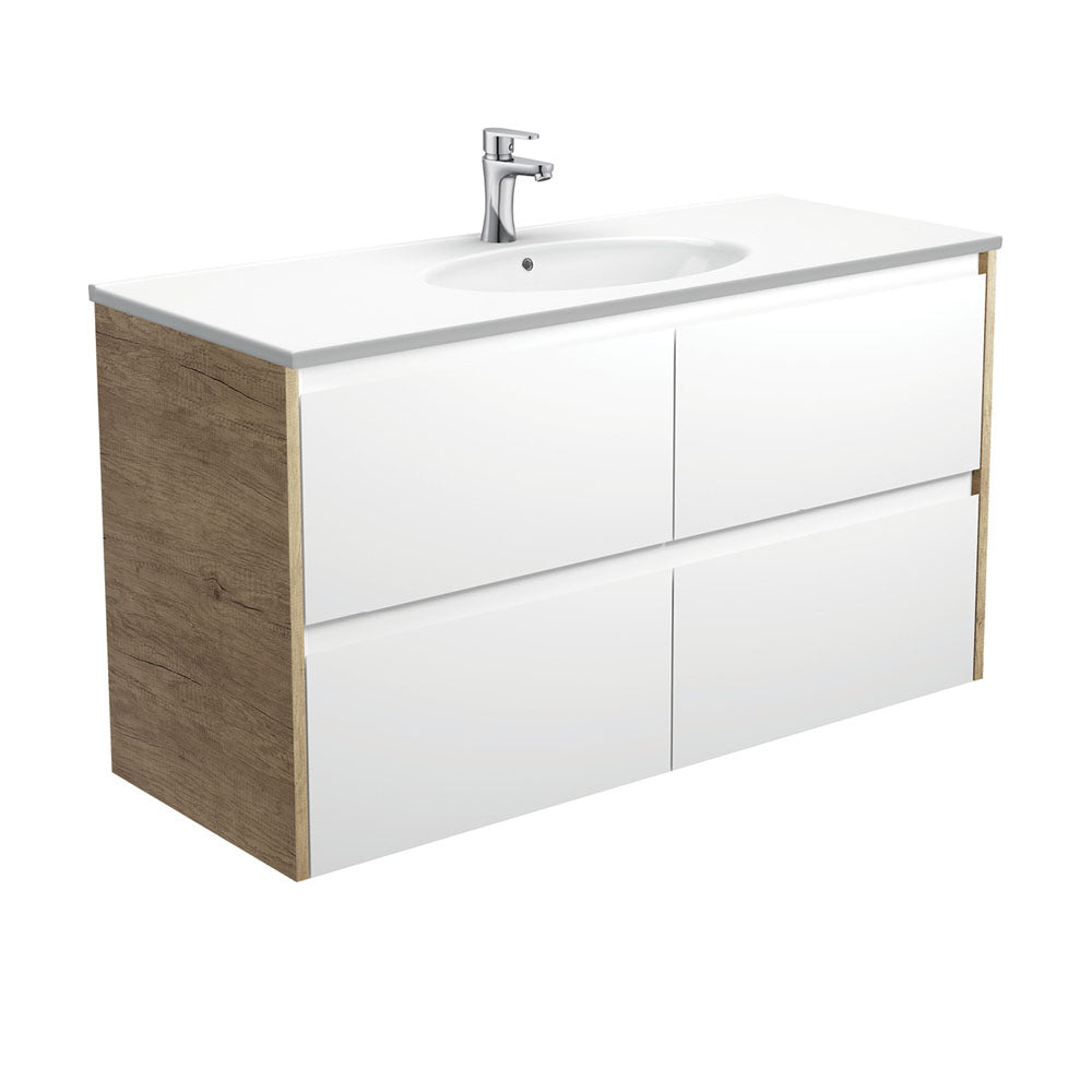 Fienza Rotondo Amato Wall Hung Vanity 1200mm (1 Taphole) Satin White w/ Scandi Oak Panels ROT120BWS