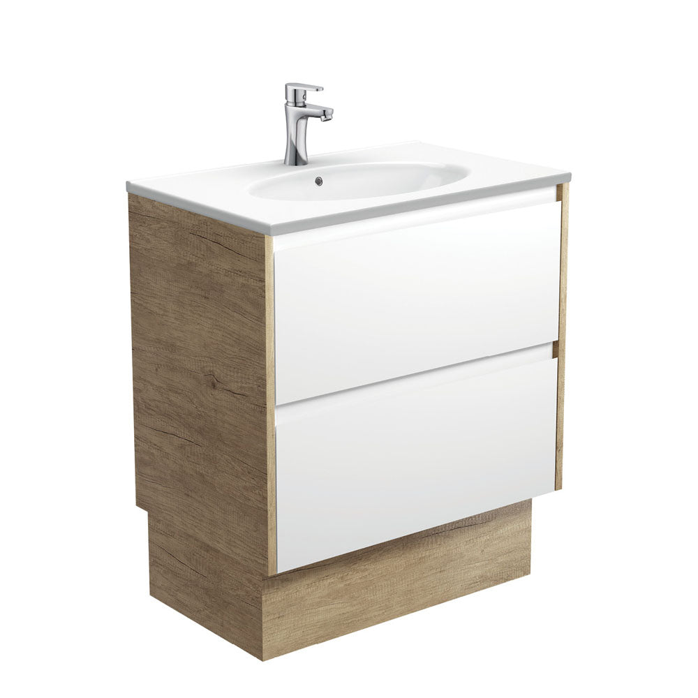 Fienza Rotondo Amato On Kickboard Vanity 750mm (1 Taphole) Satin White w/ Scandi Oak Panels ROT75BWSK
