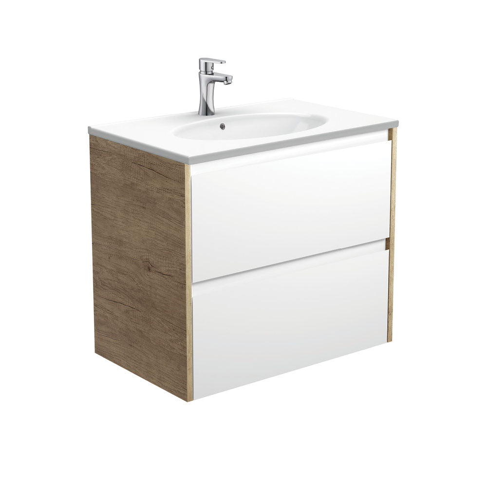 Fienza Rotondo Amato Wall Hung Vanity 750mm (1 Taphole) Satin White w/ Scandi Oak Panels ROT75BWS