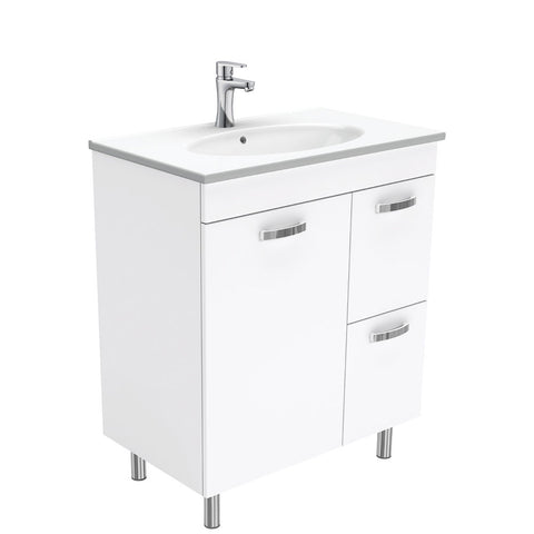 Fienza Rotondo Uni Vanity On Legs Solid Doors Left Hand Drawers (1 Taphole) 750mm Gloss White ROT75NLWL