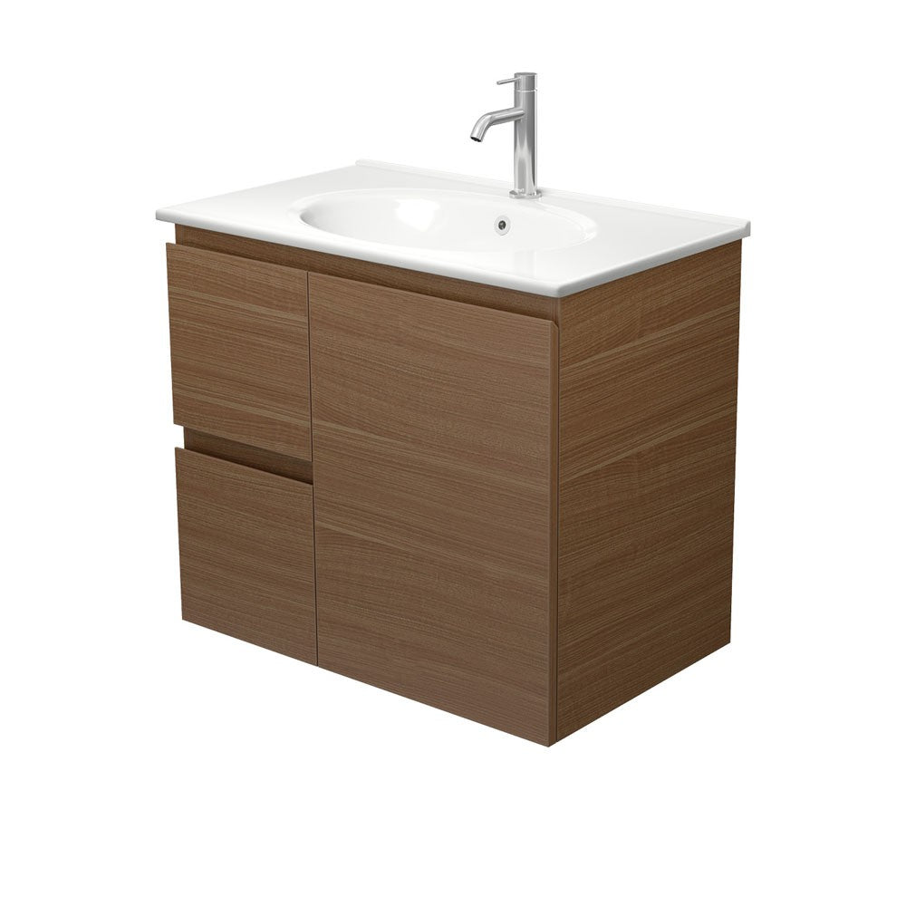 Fienza Rotondo Edge Wall Hung Vanity 750mm Left (1 Taphole) Walnut / White Top ROT75WAL