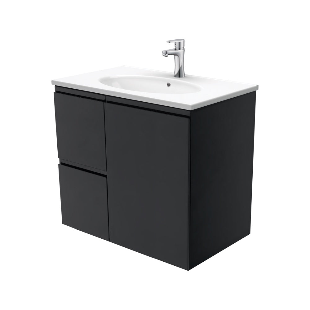 Fienza Rotondo Fingerpull Wall Hung Vanity Left (1 Taphole) 750mm Satin Black ROT75ZBL