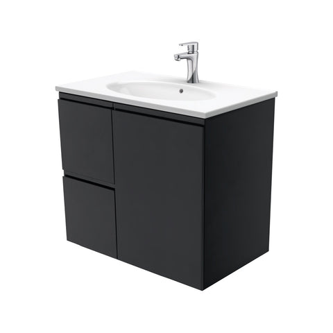 Fienza Rotondo Fingerpull Wall Hung Vanity Left (1 Taphole) 750mm Satin Black ROT75ZBL