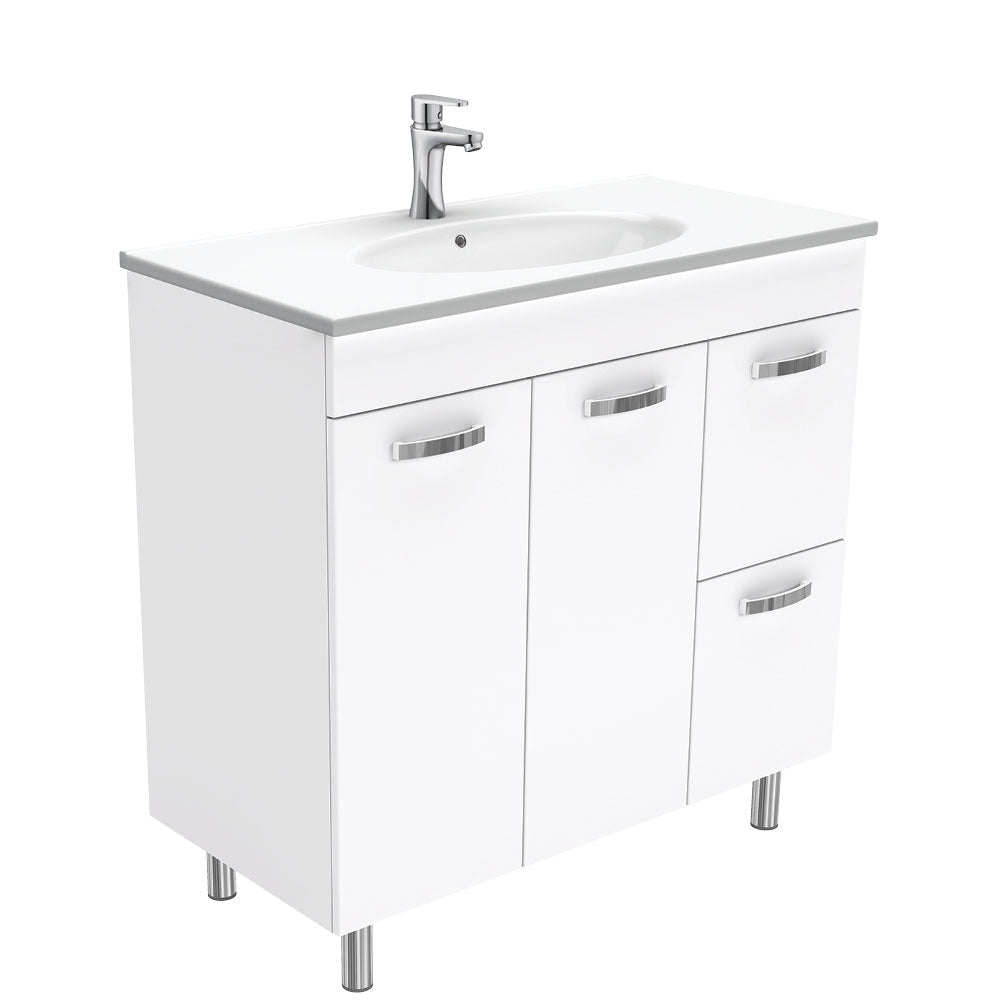 Fienza Rotondo Uni Vanity On Legs Solid Doors Right Hand Drawers (1 Taphole) 900mm Gloss White ROT90NLWR
