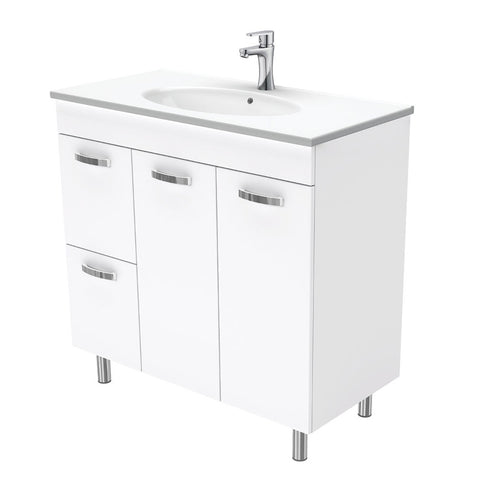 Fienza Rotondo Uni Vanity On Legs Solid Doors Left Hand Drawers (1 Taphole) 900mm Gloss White ROT90NLWL
