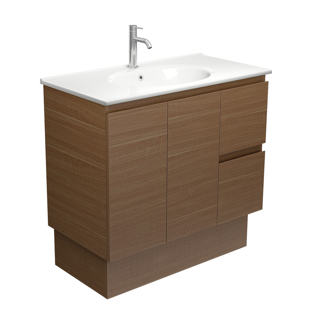 Fienza Rotondo Edge On Kickboard Vanity 900mm Right (1 Taphole) Walnut / White Top ROT90WAKR