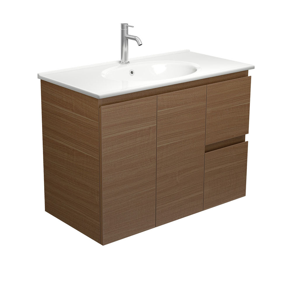 Fienza Rotondo Edge Wall Hung Vanity 900mm Right (1 Taphole) Walnut / White Top ROT90WAR