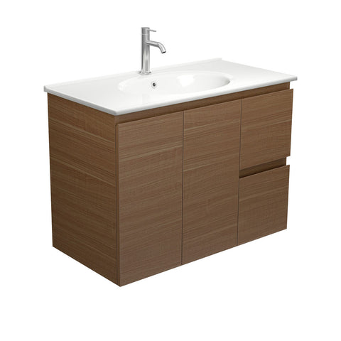 Fienza Rotondo Edge Wall Hung Vanity 900mm Right (1 Taphole) Walnut / White Top ROT90WAR