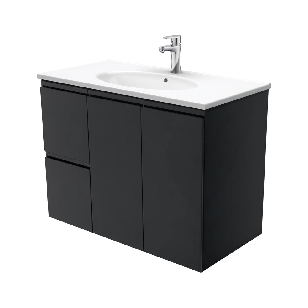 Fienza Rotondo Fingerpull Wall Hung Vanity Left (1 Taphole) 900mm Satin Black ROT90ZBL