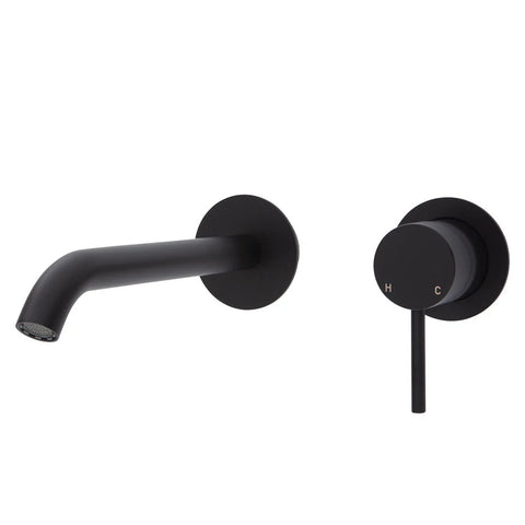 Fienza Kaya Basin/Bath Wall Mixer Set Round Plates 200mm Outlet Lead Free Matte Black 228104B-200-LF