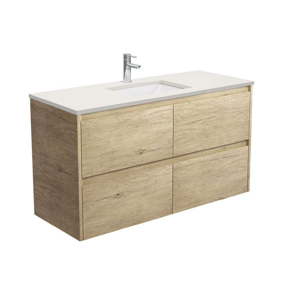 Fienza Sarah Amato Wall Hung Vanity 1200mm Silica Free (No Taphole) Scandi Oak / Roman Sand Top SA120BS-0-SF