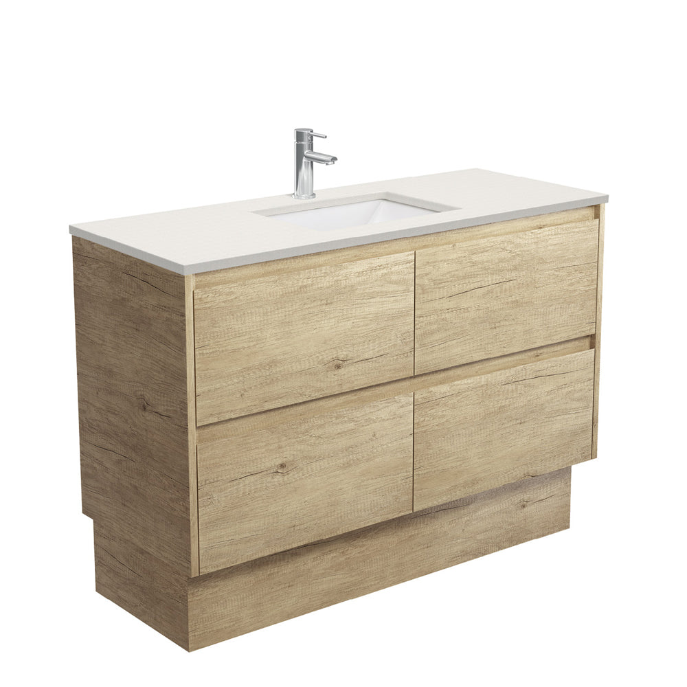 Fienza Sarah Amato On Kickboard Vanity 1200mm Silica Free (No Taphole) Scandi Oak / Roman Sand Top SA120BSK-0-SF