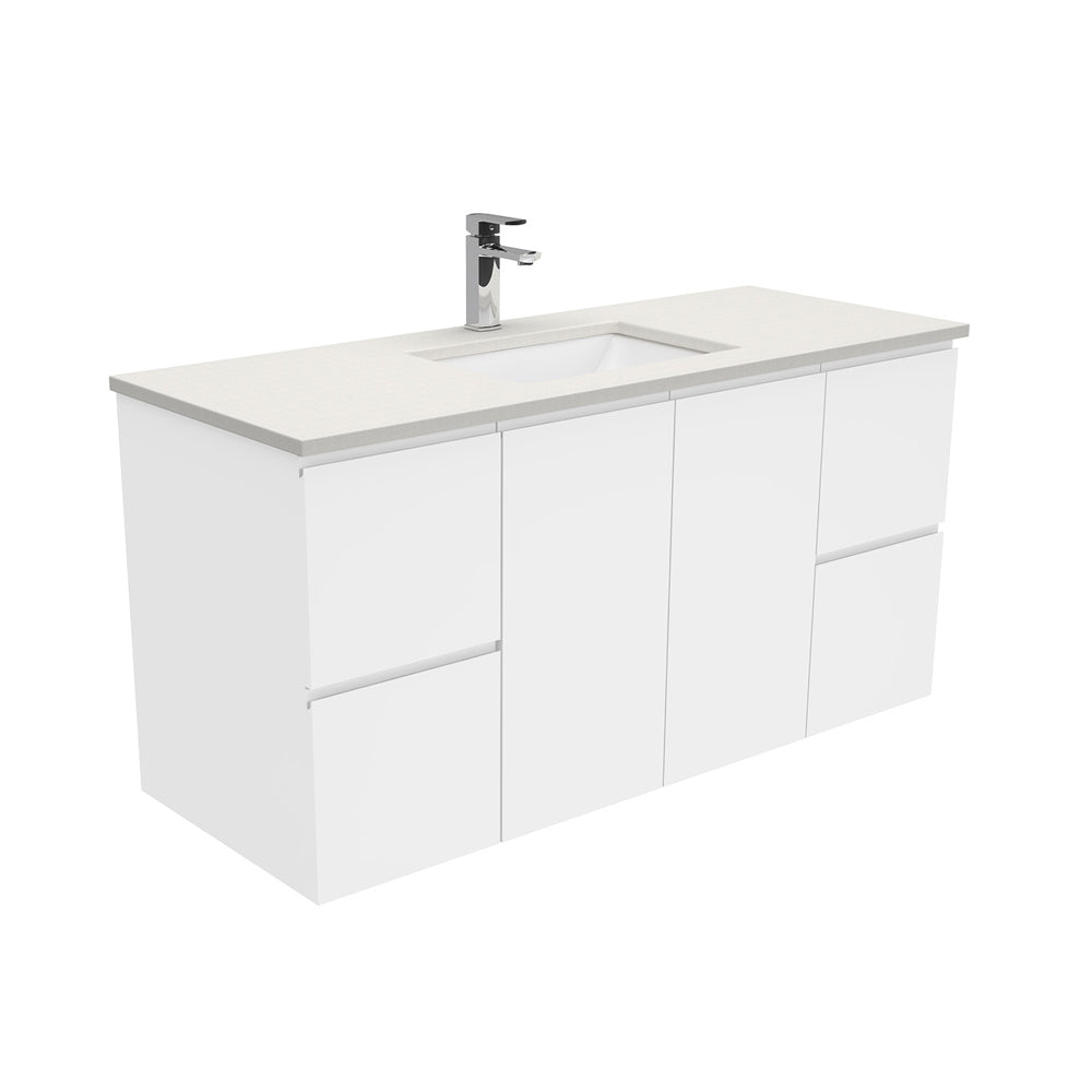 Fienza Sarah Fingerpull Wall Hung Vanity 1200mm Silica Free (No Taphole) White / Roman Sand Top SA120F-0-SF