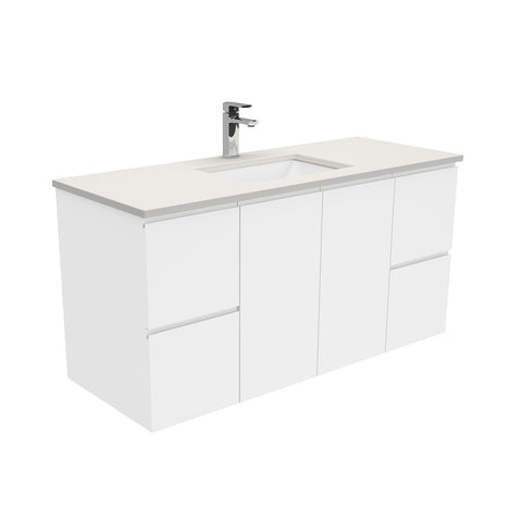 Fienza Sarah Fingerpull Wall Hung Vanity 1200mm Silica Free (No Taphole) White / Roman Sand Top SA120F-0-SF