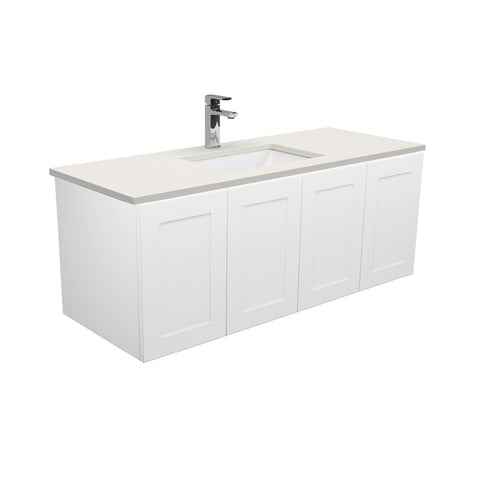 Fienza Sarah Mila Shaker Wall Hung Vanity 1200mm No Handles Silica Free (No Taphole) White / Roman Sand Top SA120M-0-SF