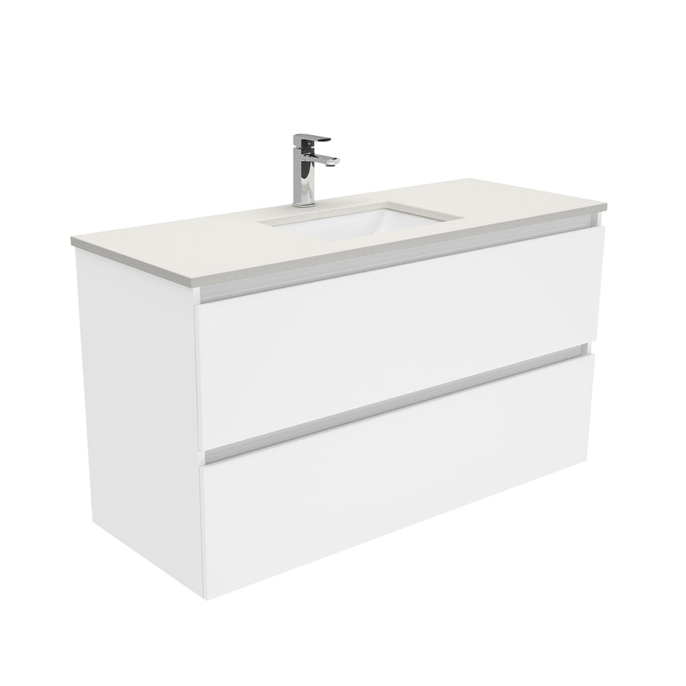 Fienza Sarah Quest Wall Hung Vanity 1200mm 2 Drawers Silica Free (No Taphole) White / Roman Sand Top SA120Q-0-SF