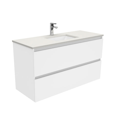 Fienza Sarah Quest Wall Hung Vanity 1200mm 2 Drawers Silica Free (No Taphole) White / Roman Sand Top SA120Q-0-SF